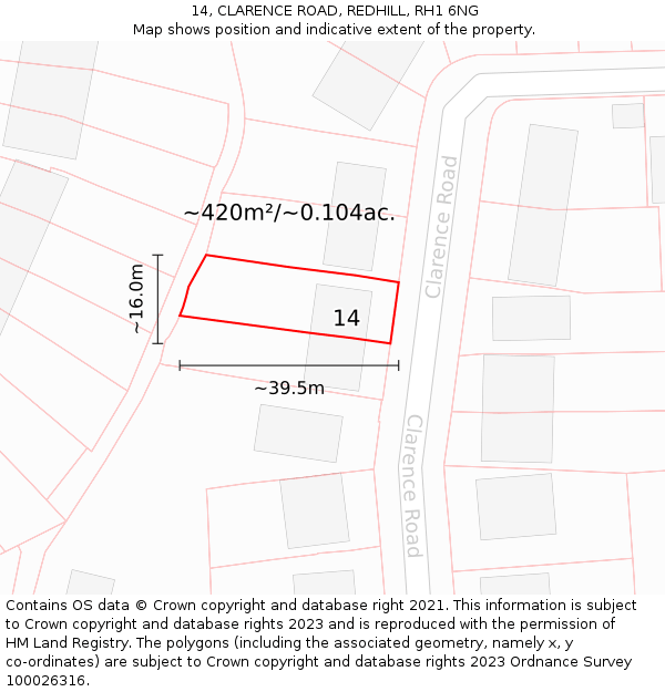 14, CLARENCE ROAD, REDHILL, RH1 6NG: Plot and title map