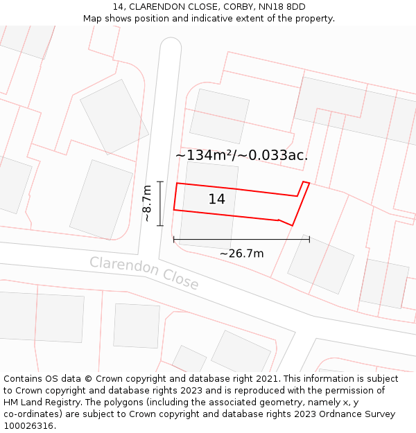 14, CLARENDON CLOSE, CORBY, NN18 8DD: Plot and title map