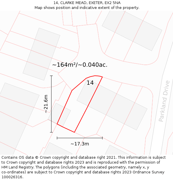 14, CLARKE MEAD, EXETER, EX2 5NA: Plot and title map