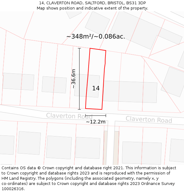 14, CLAVERTON ROAD, SALTFORD, BRISTOL, BS31 3DP: Plot and title map