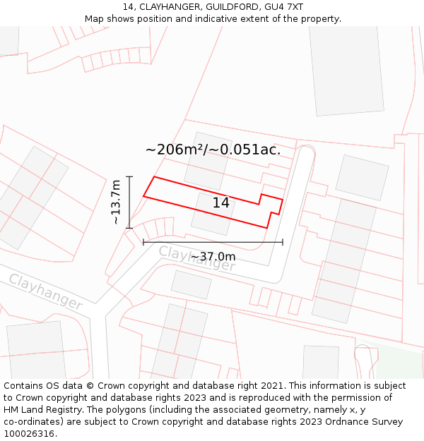 14, CLAYHANGER, GUILDFORD, GU4 7XT: Plot and title map