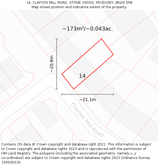 14, CLAYTON MILL ROAD, STONE CROSS, PEVENSEY, BN24 5PB: Plot and title map