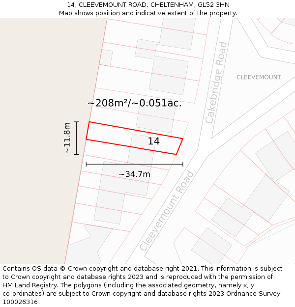 14, CLEEVEMOUNT ROAD, CHELTENHAM, GL52 3HN: Plot and title map