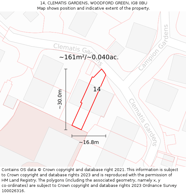 14, CLEMATIS GARDENS, WOODFORD GREEN, IG8 0BU: Plot and title map