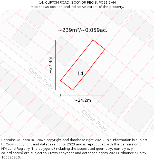 14, CLIFTON ROAD, BOGNOR REGIS, PO21 2HH: Plot and title map