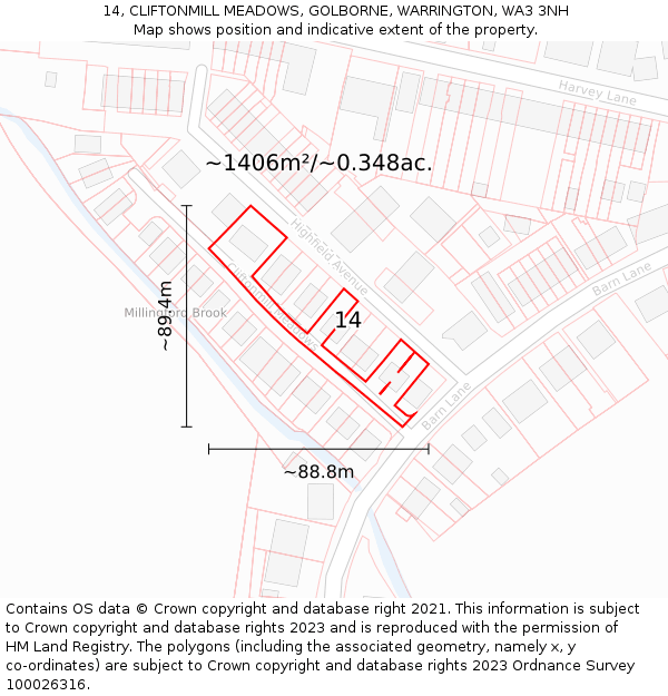 14, CLIFTONMILL MEADOWS, GOLBORNE, WARRINGTON, WA3 3NH: Plot and title map