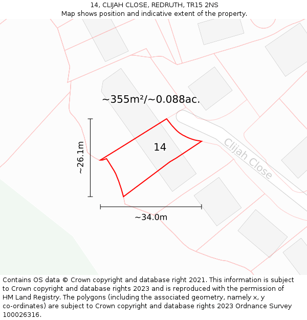 14, CLIJAH CLOSE, REDRUTH, TR15 2NS: Plot and title map