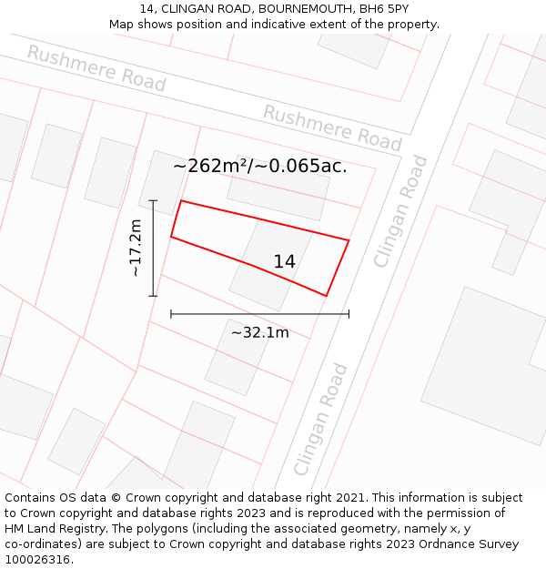 14, CLINGAN ROAD, BOURNEMOUTH, BH6 5PY: Plot and title map