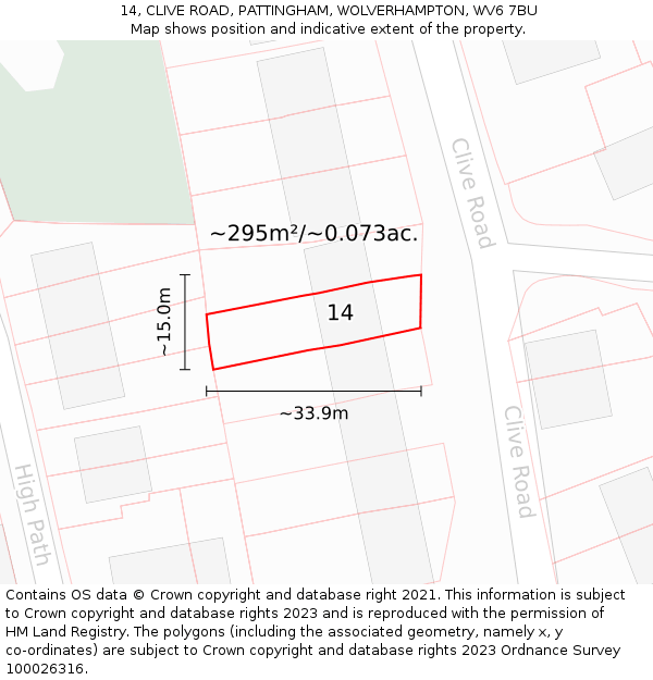14, CLIVE ROAD, PATTINGHAM, WOLVERHAMPTON, WV6 7BU: Plot and title map