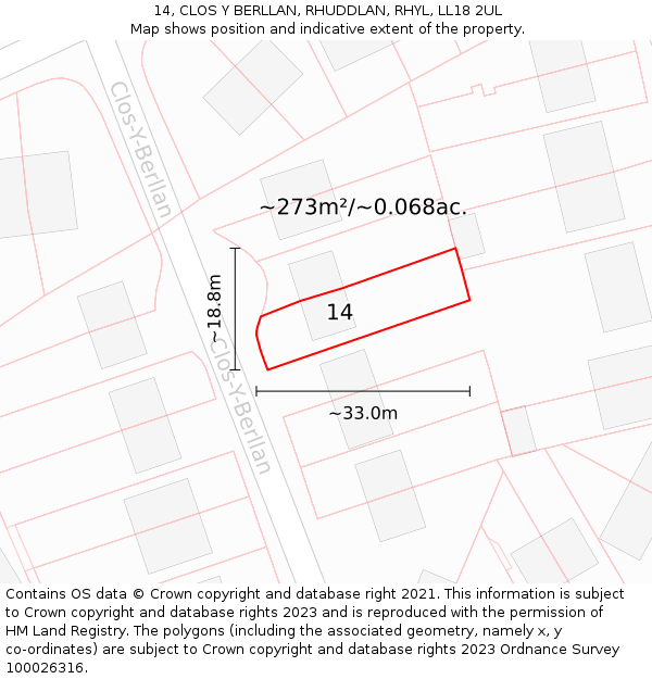 14, CLOS Y BERLLAN, RHUDDLAN, RHYL, LL18 2UL: Plot and title map