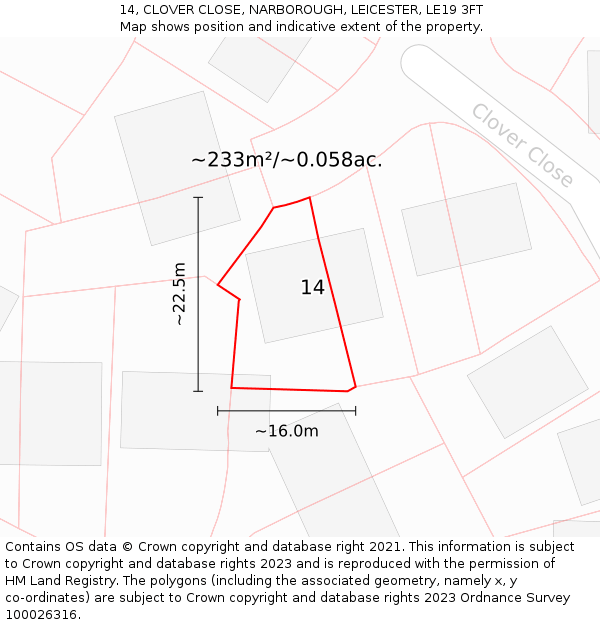 14, CLOVER CLOSE, NARBOROUGH, LEICESTER, LE19 3FT: Plot and title map