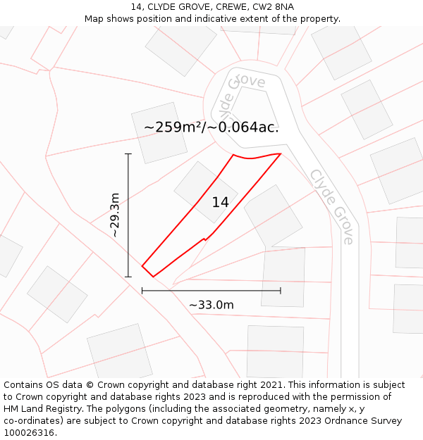 14, CLYDE GROVE, CREWE, CW2 8NA: Plot and title map