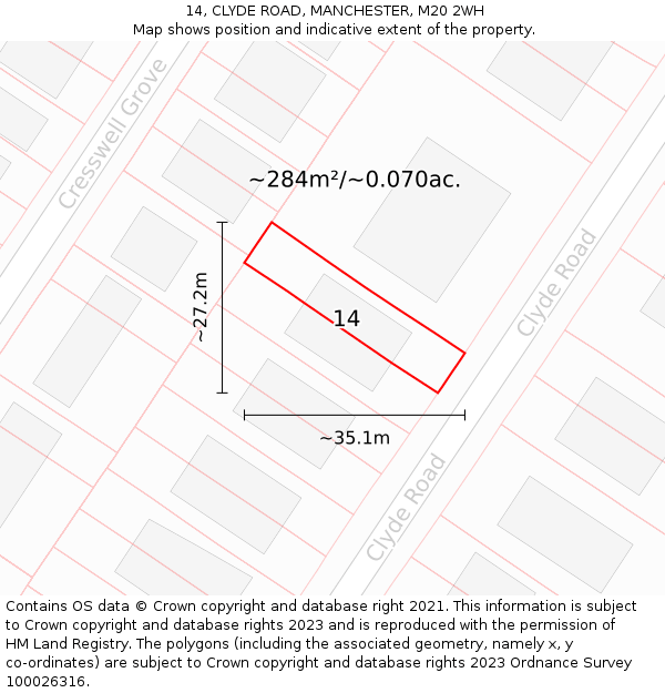 14, CLYDE ROAD, MANCHESTER, M20 2WH: Plot and title map