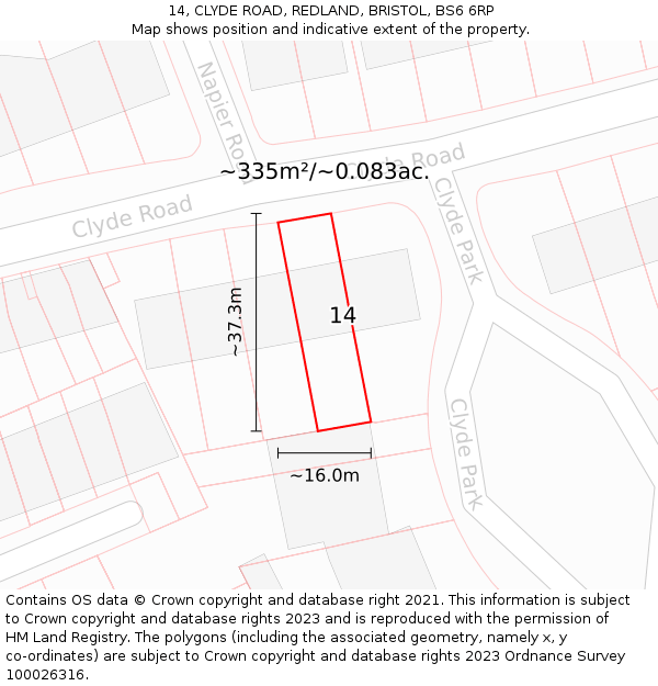 14, CLYDE ROAD, REDLAND, BRISTOL, BS6 6RP: Plot and title map