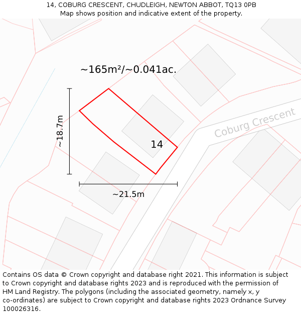 14, COBURG CRESCENT, CHUDLEIGH, NEWTON ABBOT, TQ13 0PB: Plot and title map
