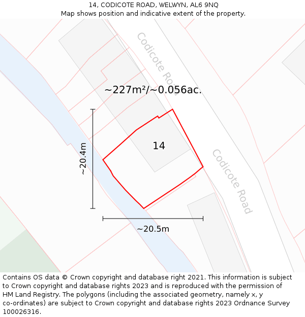 14, CODICOTE ROAD, WELWYN, AL6 9NQ: Plot and title map