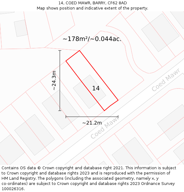 14, COED MAWR, BARRY, CF62 8AD: Plot and title map