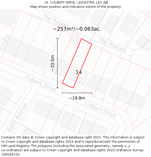 14, COLBERT DRIVE, LEICESTER, LE3 2JB: Plot and title map