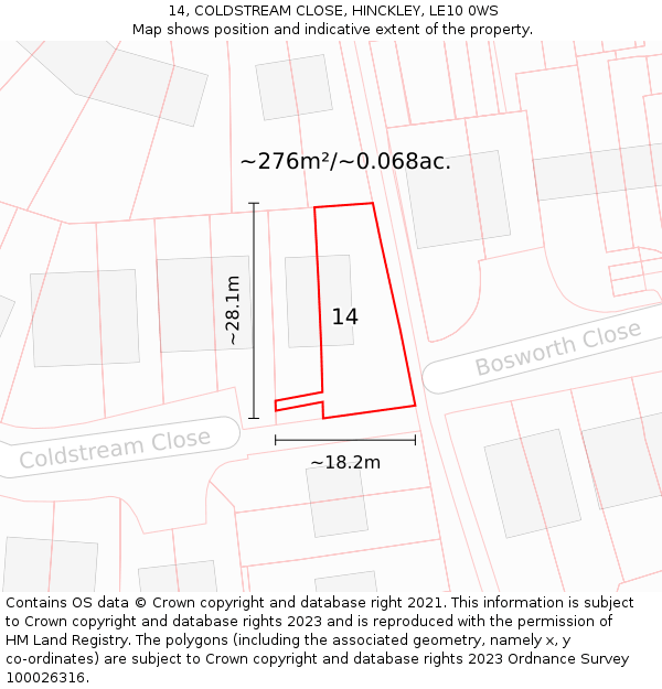 14, COLDSTREAM CLOSE, HINCKLEY, LE10 0WS: Plot and title map