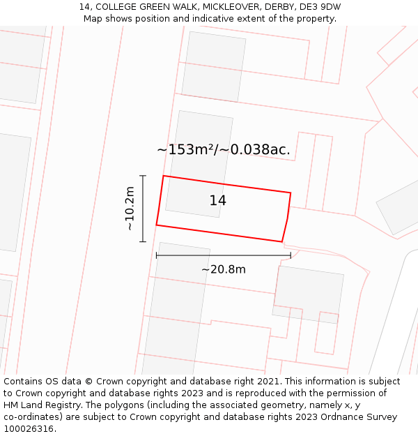 14, COLLEGE GREEN WALK, MICKLEOVER, DERBY, DE3 9DW: Plot and title map