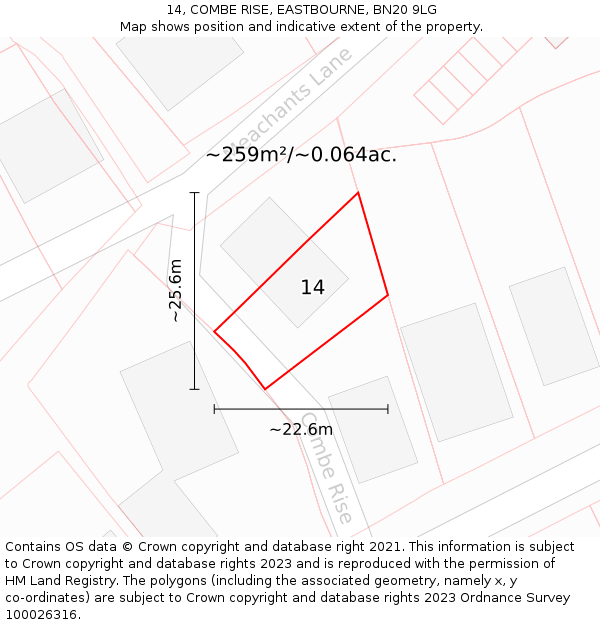 14, COMBE RISE, EASTBOURNE, BN20 9LG: Plot and title map