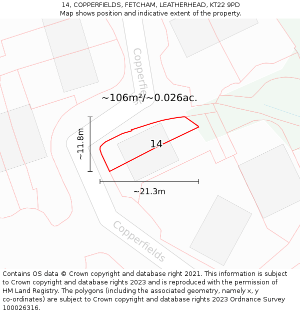 14, COPPERFIELDS, FETCHAM, LEATHERHEAD, KT22 9PD: Plot and title map