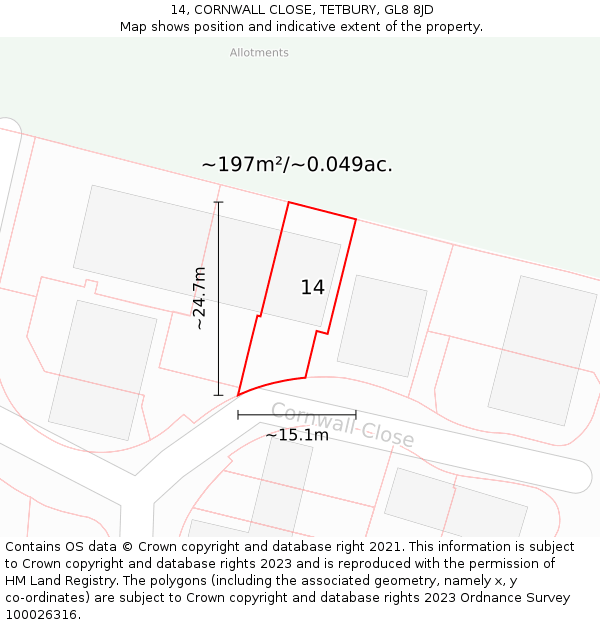 14, CORNWALL CLOSE, TETBURY, GL8 8JD: Plot and title map