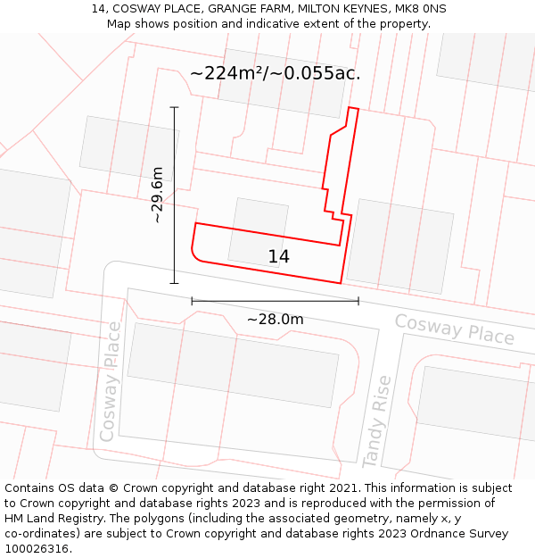 14, COSWAY PLACE, GRANGE FARM, MILTON KEYNES, MK8 0NS: Plot and title map