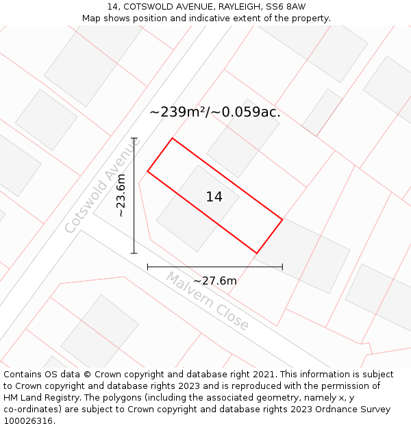 14, COTSWOLD AVENUE, RAYLEIGH, SS6 8AW: Plot and title map