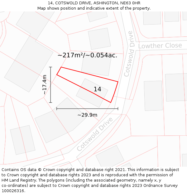 14, COTSWOLD DRIVE, ASHINGTON, NE63 0HR: Plot and title map