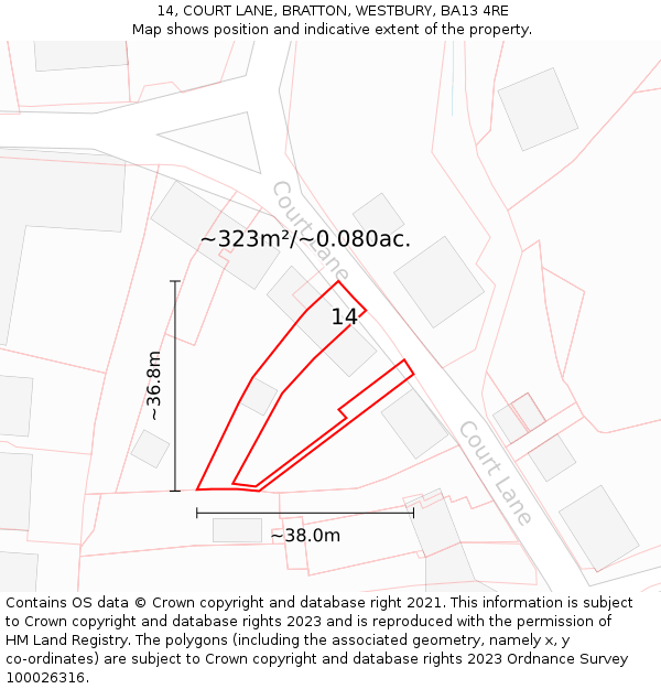 14, COURT LANE, BRATTON, WESTBURY, BA13 4RE: Plot and title map
