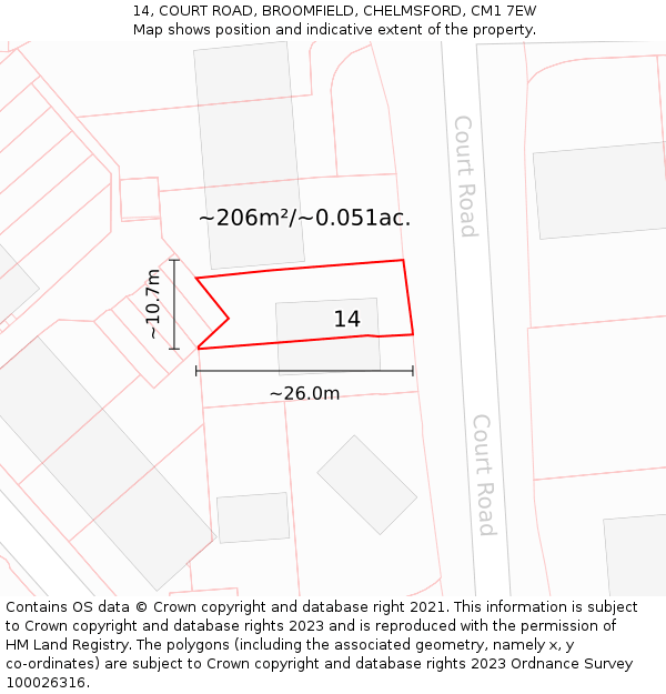 14, COURT ROAD, BROOMFIELD, CHELMSFORD, CM1 7EW: Plot and title map