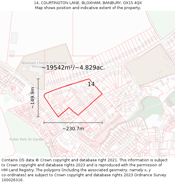 14, COURTINGTON LANE, BLOXHAM, BANBURY, OX15 4QX: Plot and title map