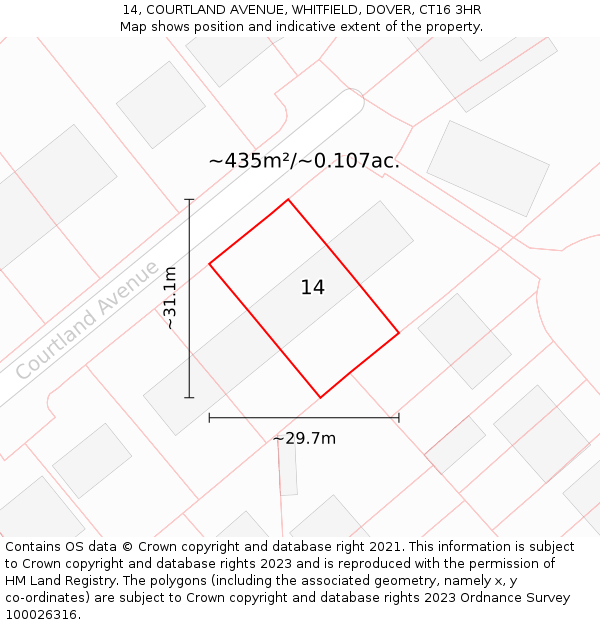 14, COURTLAND AVENUE, WHITFIELD, DOVER, CT16 3HR: Plot and title map