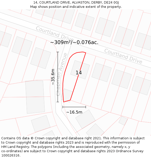 14, COURTLAND DRIVE, ALVASTON, DERBY, DE24 0GJ: Plot and title map