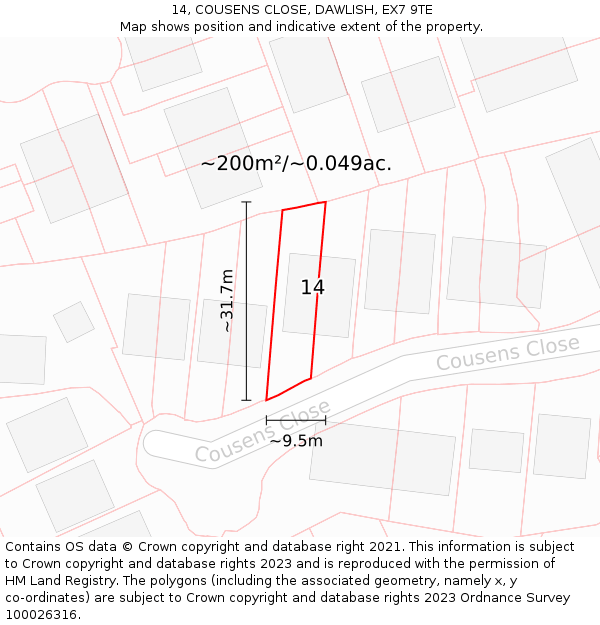 14, COUSENS CLOSE, DAWLISH, EX7 9TE: Plot and title map