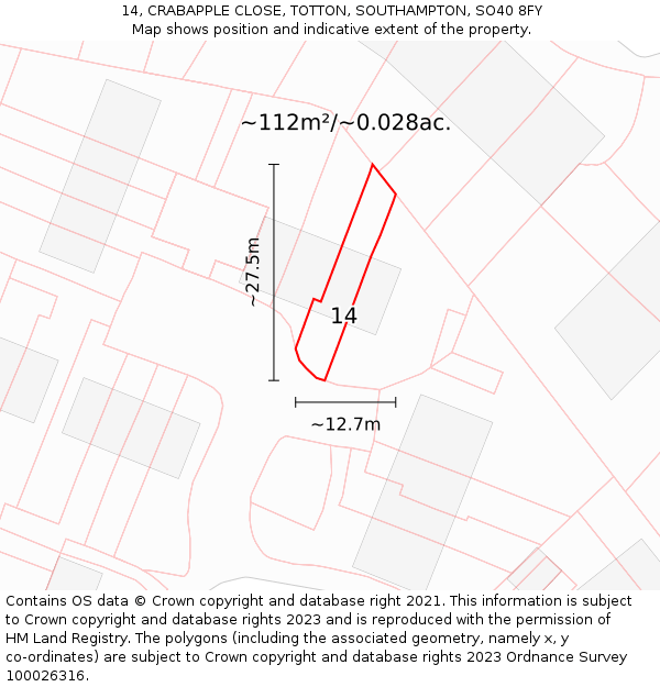 14, CRABAPPLE CLOSE, TOTTON, SOUTHAMPTON, SO40 8FY: Plot and title map