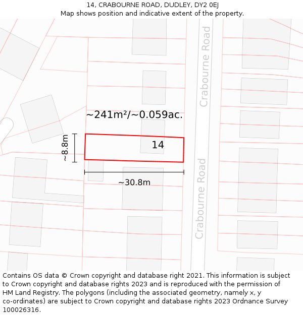 14, CRABOURNE ROAD, DUDLEY, DY2 0EJ: Plot and title map