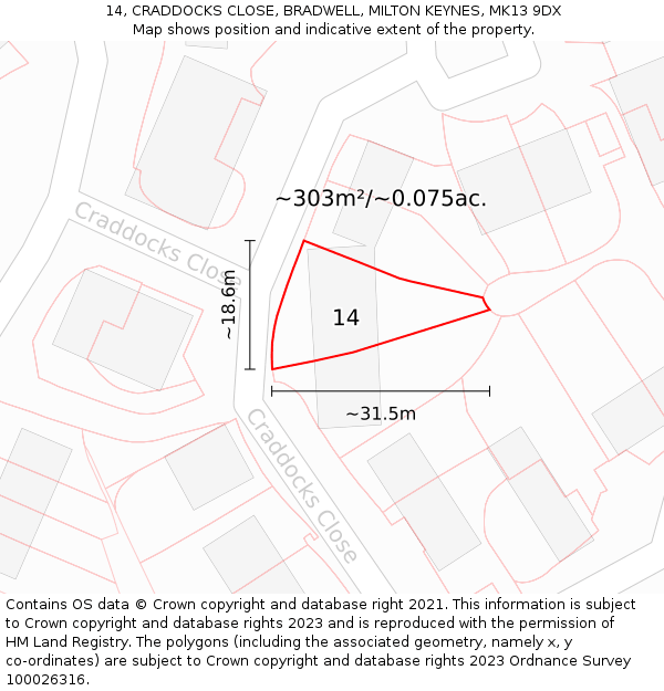 14, CRADDOCKS CLOSE, BRADWELL, MILTON KEYNES, MK13 9DX: Plot and title map