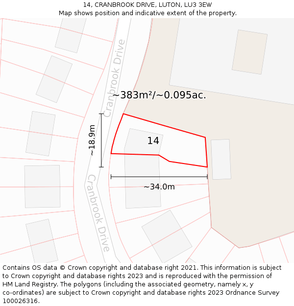 14, CRANBROOK DRIVE, LUTON, LU3 3EW: Plot and title map