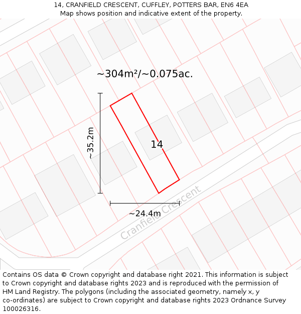 14, CRANFIELD CRESCENT, CUFFLEY, POTTERS BAR, EN6 4EA: Plot and title map