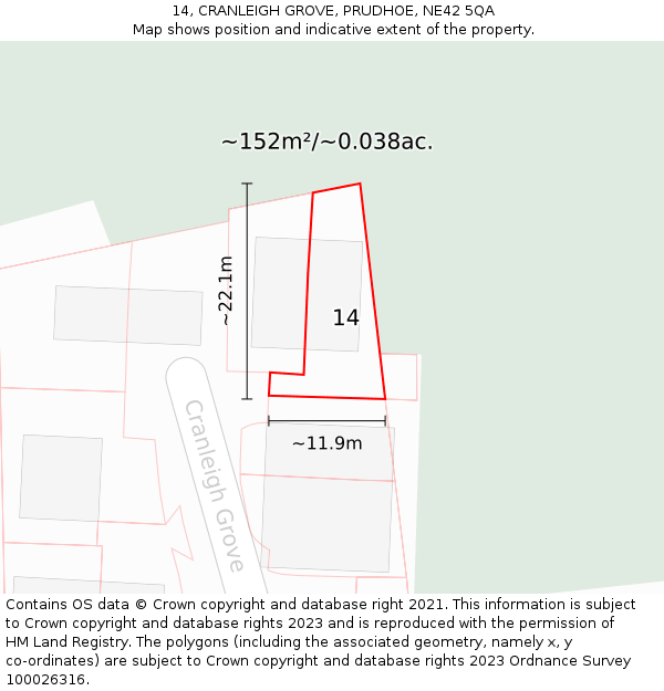 14, CRANLEIGH GROVE, PRUDHOE, NE42 5QA: Plot and title map