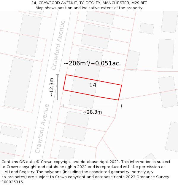 14, CRAWFORD AVENUE, TYLDESLEY, MANCHESTER, M29 8FT: Plot and title map