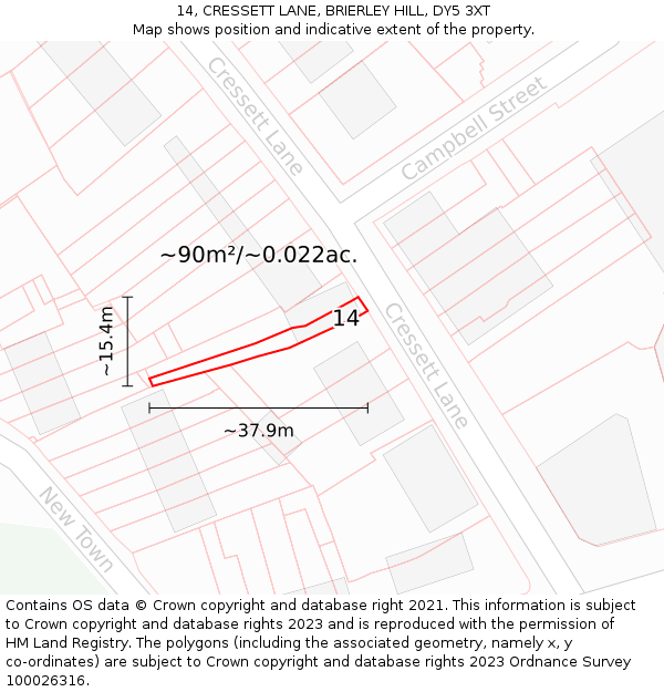 14, CRESSETT LANE, BRIERLEY HILL, DY5 3XT: Plot and title map