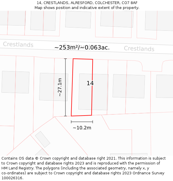 14, CRESTLANDS, ALRESFORD, COLCHESTER, CO7 8AF: Plot and title map