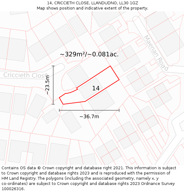 14, CRICCIETH CLOSE, LLANDUDNO, LL30 1GZ: Plot and title map