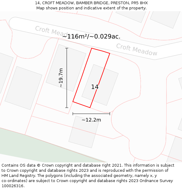 14, CROFT MEADOW, BAMBER BRIDGE, PRESTON, PR5 8HX: Plot and title map