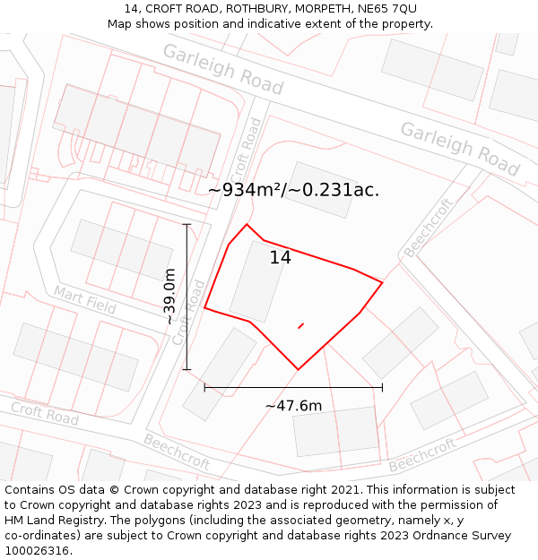 14, CROFT ROAD, ROTHBURY, MORPETH, NE65 7QU: Plot and title map