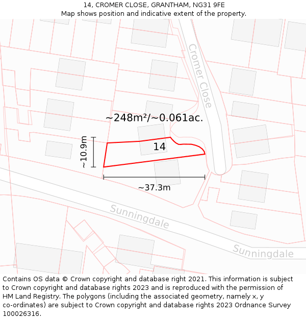 14, CROMER CLOSE, GRANTHAM, NG31 9FE: Plot and title map