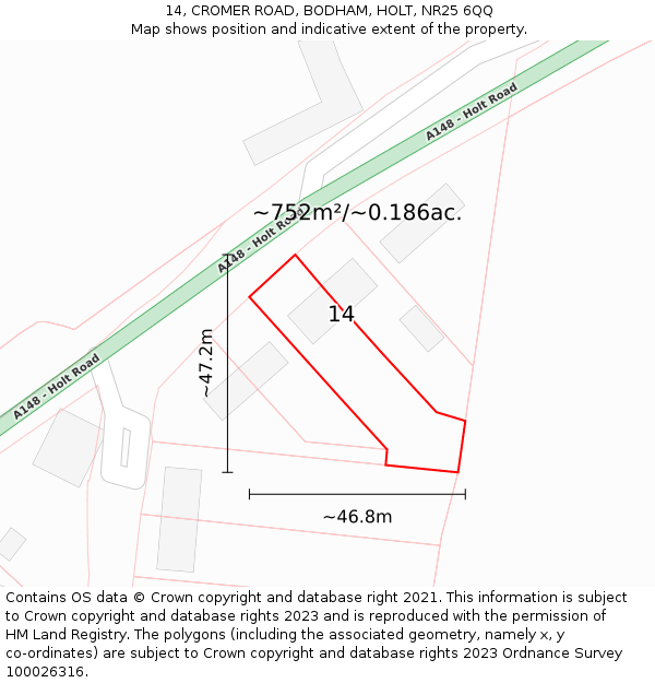 14, CROMER ROAD, BODHAM, HOLT, NR25 6QQ: Plot and title map